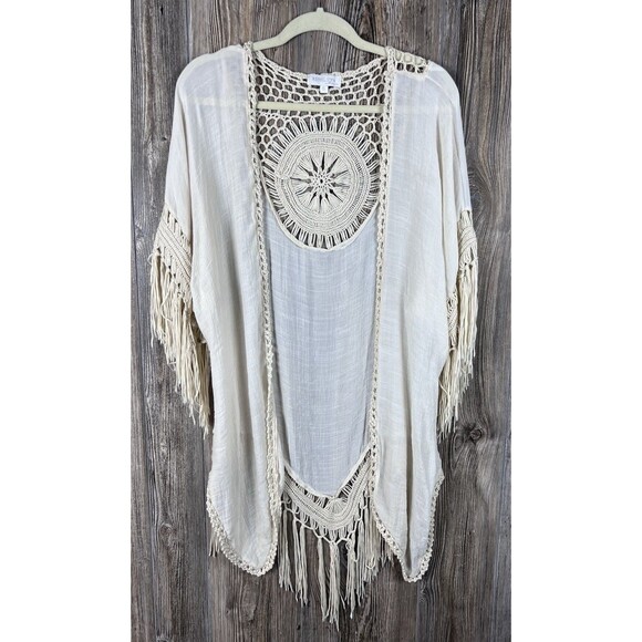 Rebellion Crochet Cardigan Womens Sm Open Knit Duster Fringe Boho Festival Retro - Picture 1 of 12